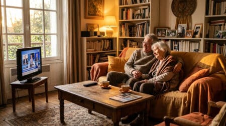Couple regardant la télévision dans un salon chaleureux