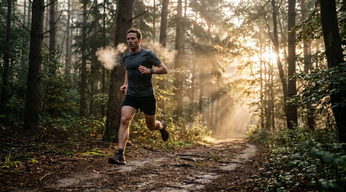 Coureur en forêt respirant l'air frais du matin