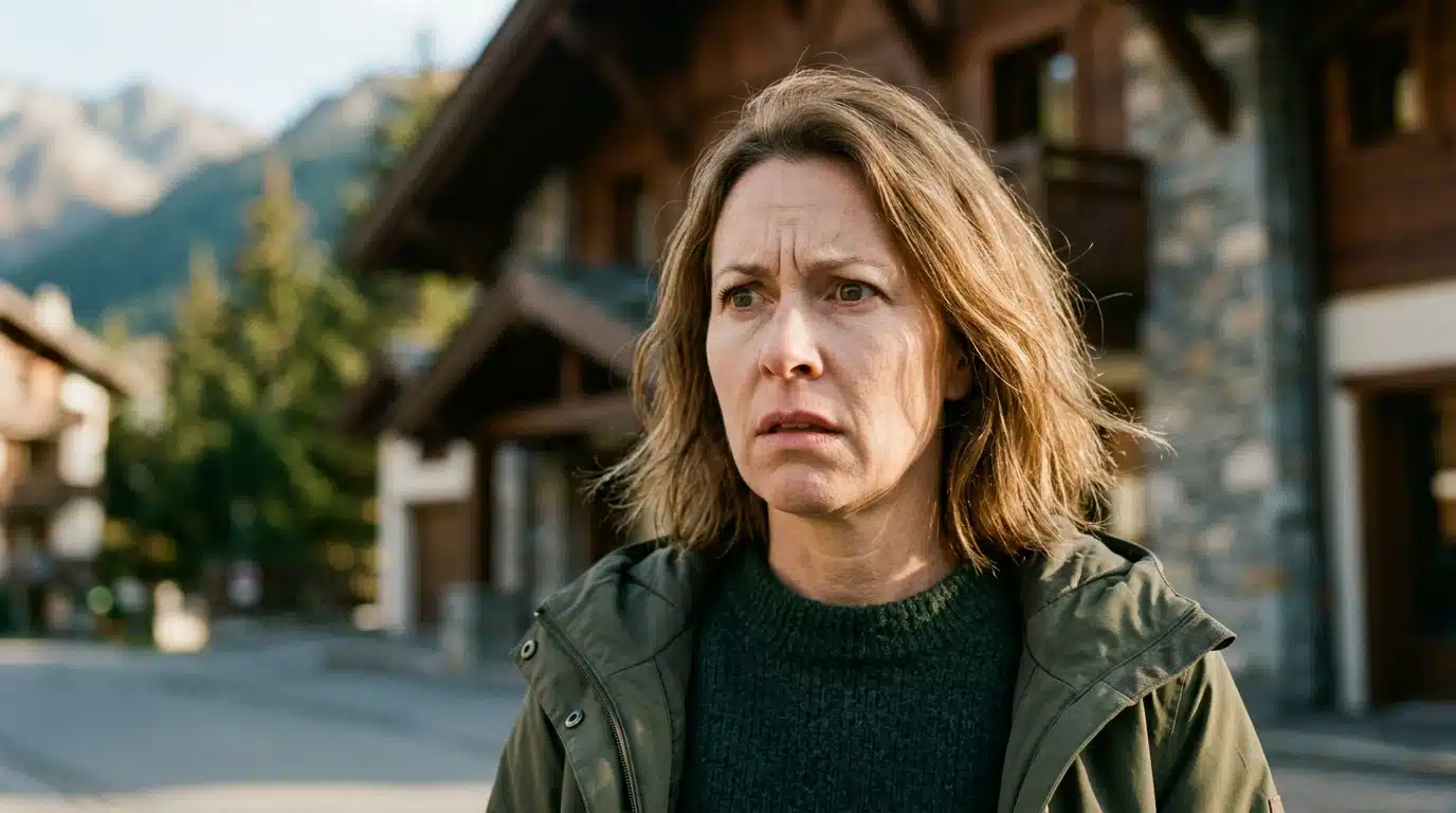 Femme anonyme au regard indigné devant un chalet