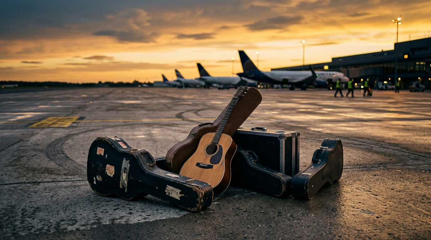 Instruments de musique abandonnés sur le tarmac d'un aéroport