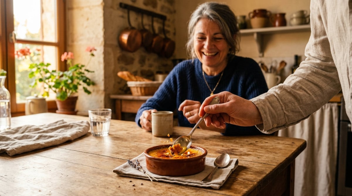 Crème brûlée caramélisée dégustée à table