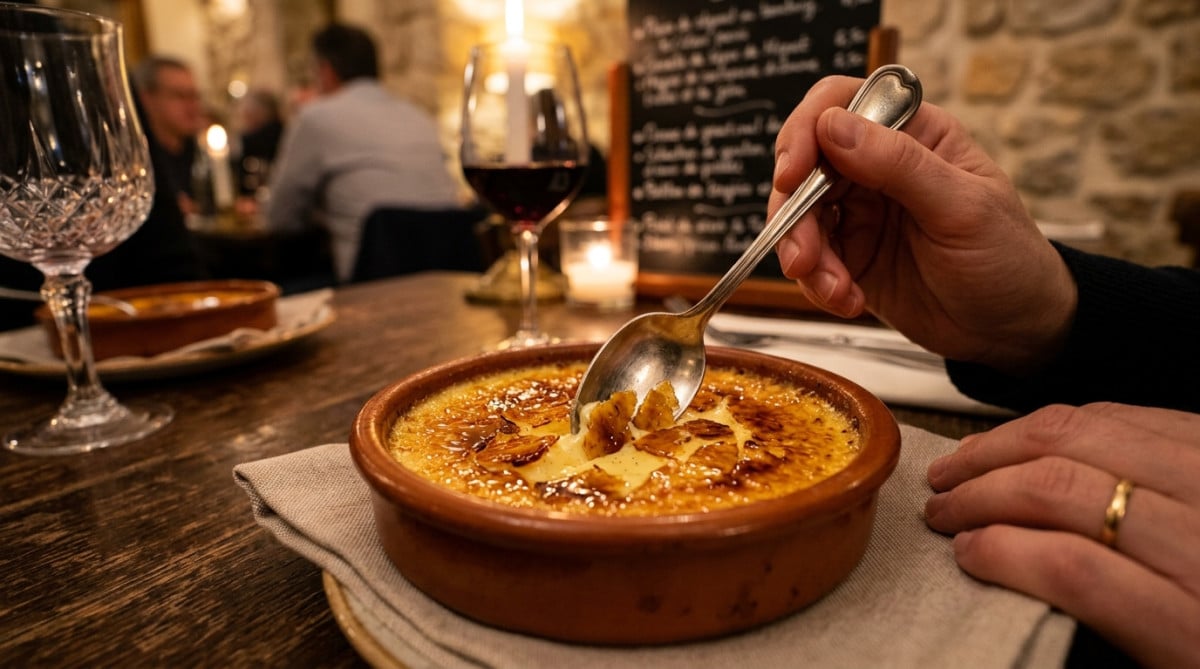 Crème brûlée craquelée servie dans un restaurant français