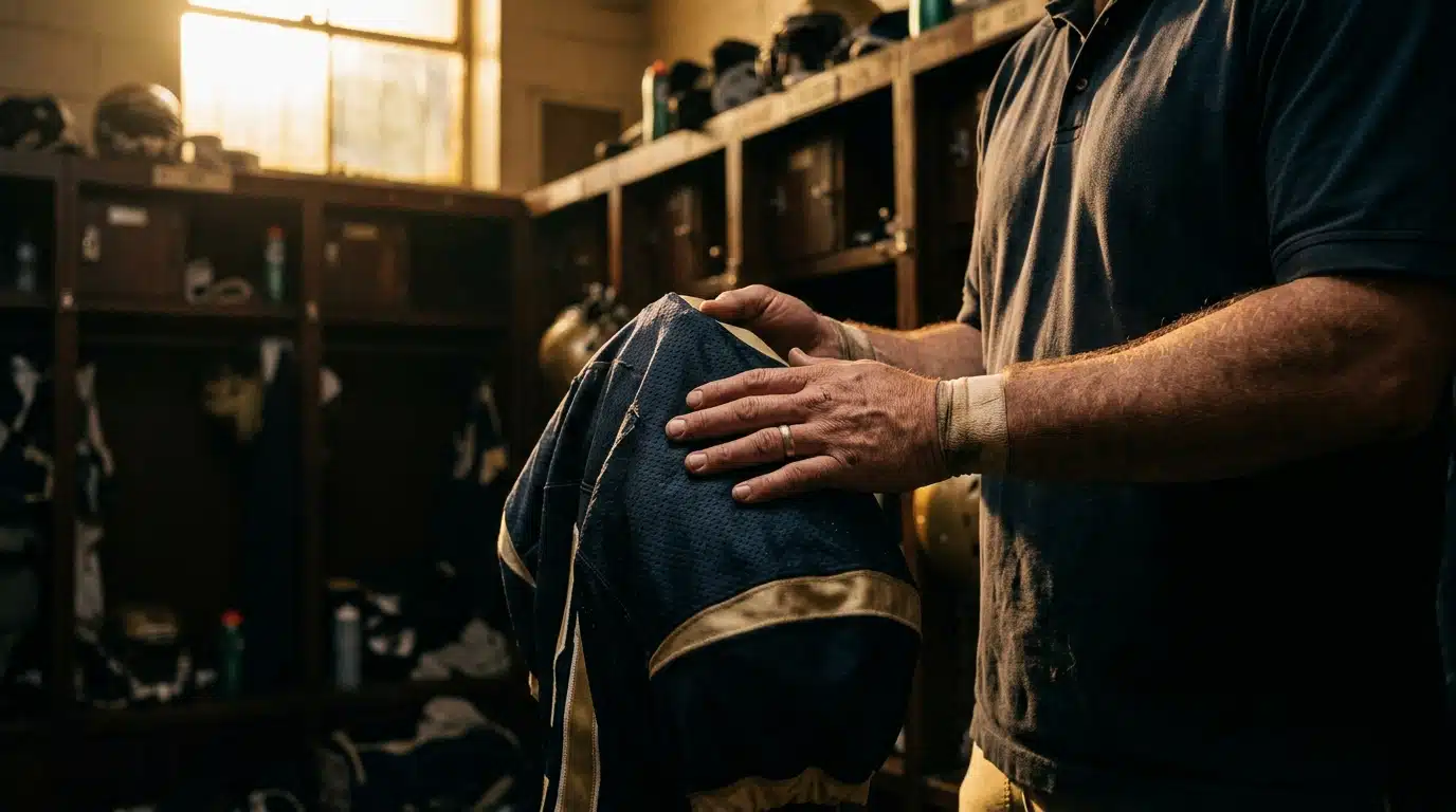 Joueur de football réfléchissant dans un vestiaire doré
