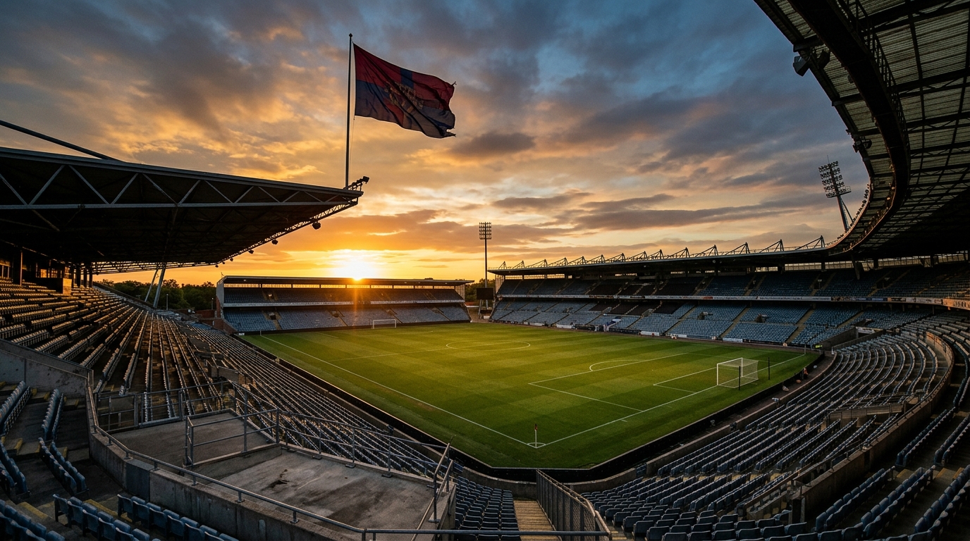 Stade de football au coucher du soleil, ambiance de fin d'ère