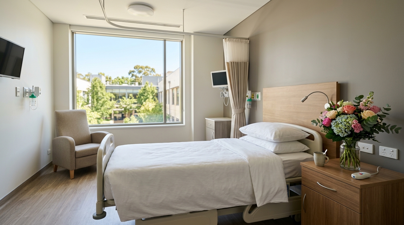 Chambre d'hôpital lumineuse avec des fleurs fraîches sur la table de chevet