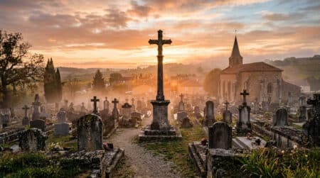 Croix de mission au centre d'un cimetière de village français