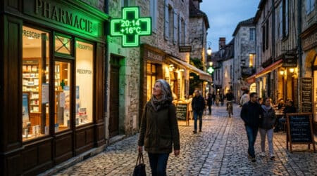Croix verte de pharmacie illuminée affichant heure et température