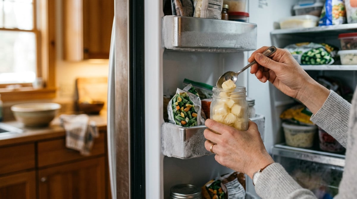 Cubes de beurre congelés rangés dans un bocal au congélateur