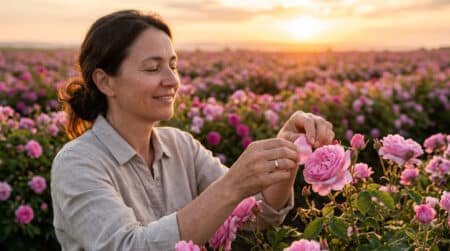 Cueilleuse récoltant des pétales de rose à l'aube