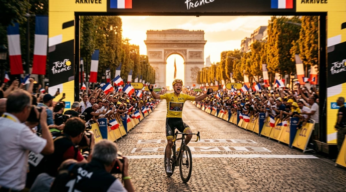 Cycliste franchissant la ligne d'arrivée du Tour de France