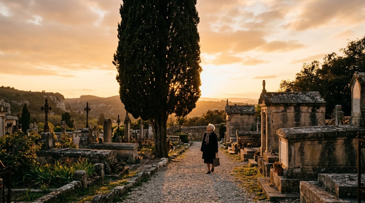 Cyprès sombre au coucher du soleil dans un cimetière français