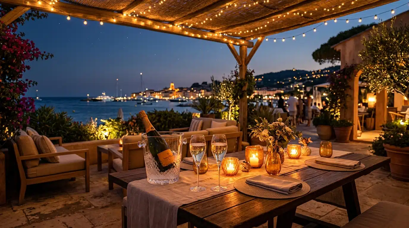 Ambiance soirée en amoureux dans un beach club méditerranéen, à la manière de Saint-Tropez