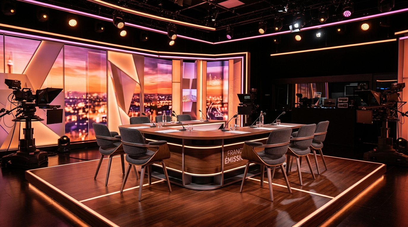 Plateau de talk-show télévisé avec fauteuils vides autour d'une table de chroniqueurs