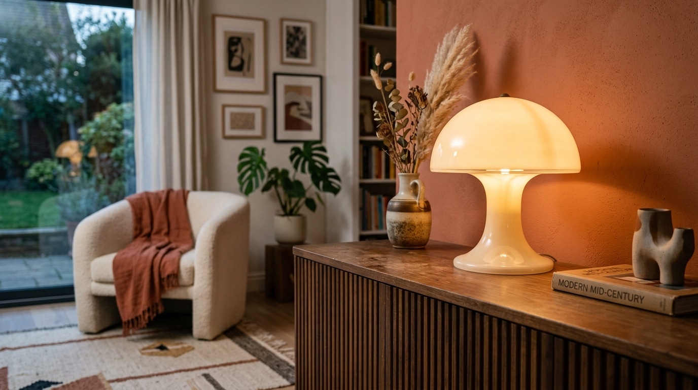 Lampe champignon vintage en verre opalin sur meuble bois