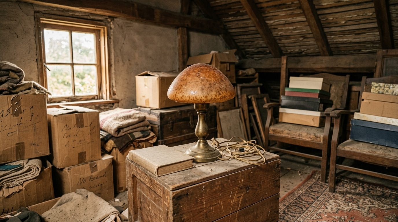 Lampe champignon ancienne oubliée dans un grenier poussiéreux