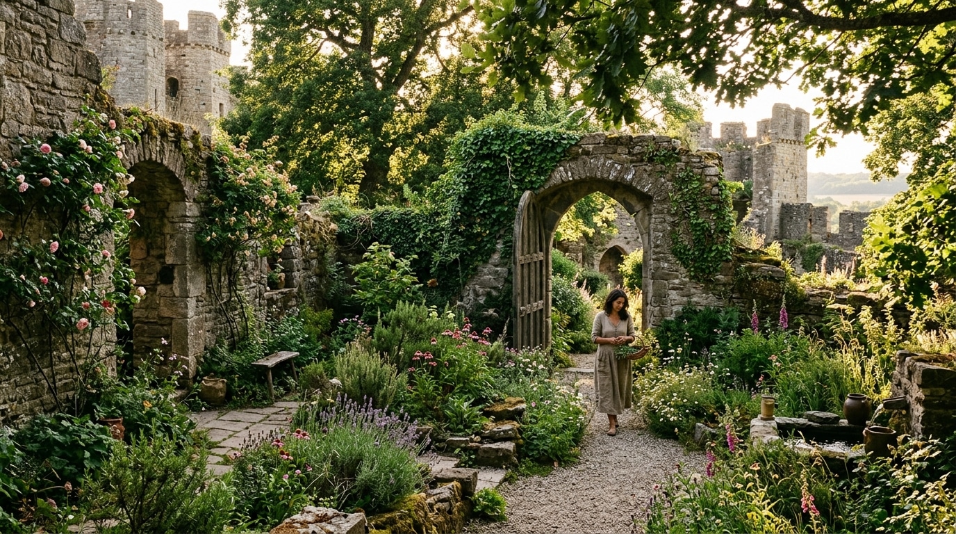 Jardin fleuri niché dans des ruines de château