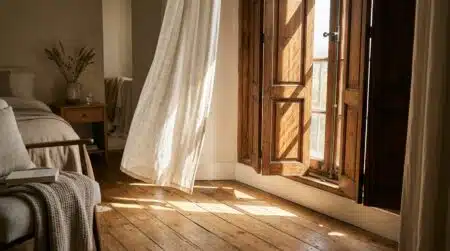 Volets en bois fermés contre le soleil de midi