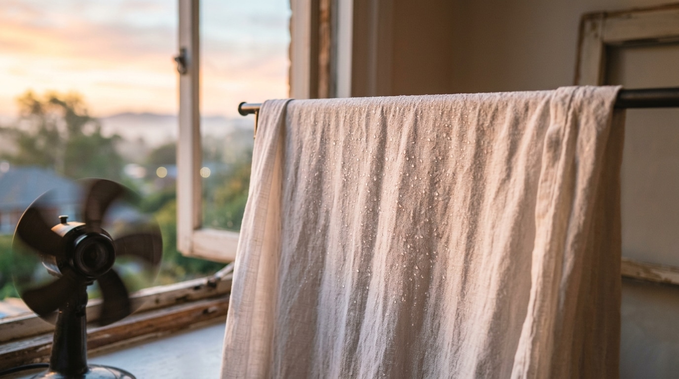 Drap humide suspendu devant une fenêtre ouverte