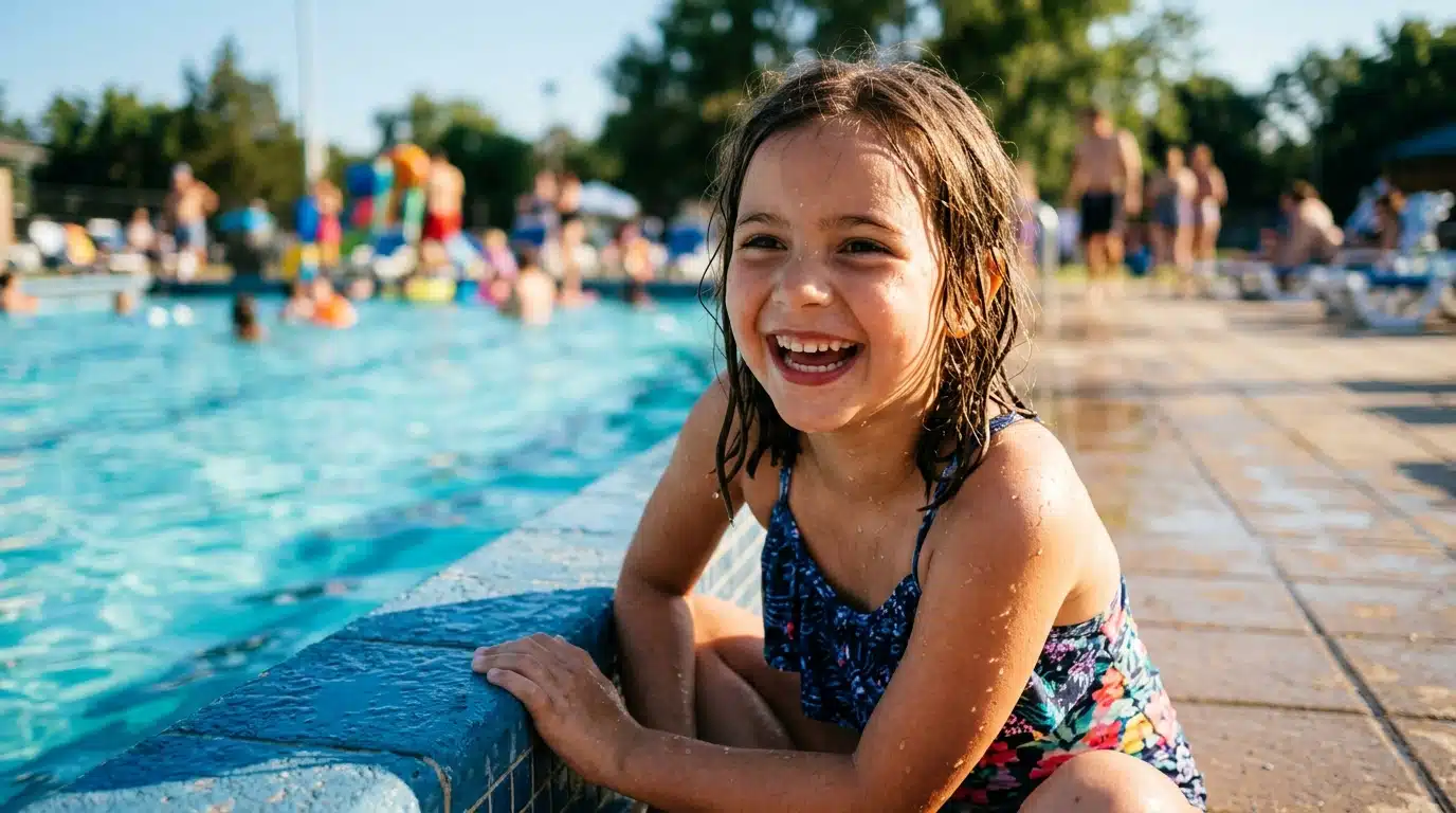 Enfant souriant au bord d'une piscine