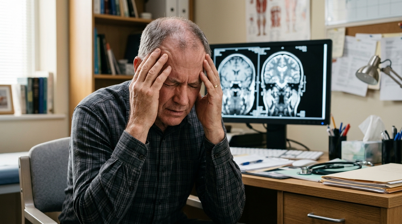 Homme souffrant de maux de tête en consultation médicale