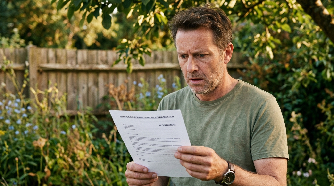 Homme inquiet lisant un courrier recommandé de mairie
