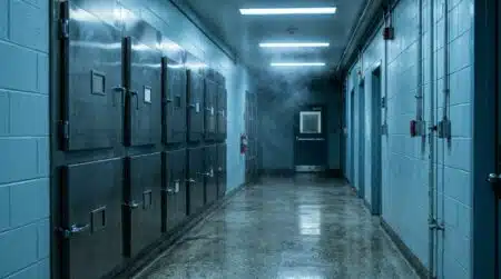 Couloir sombre d'une morgue d'hôpital la nuit