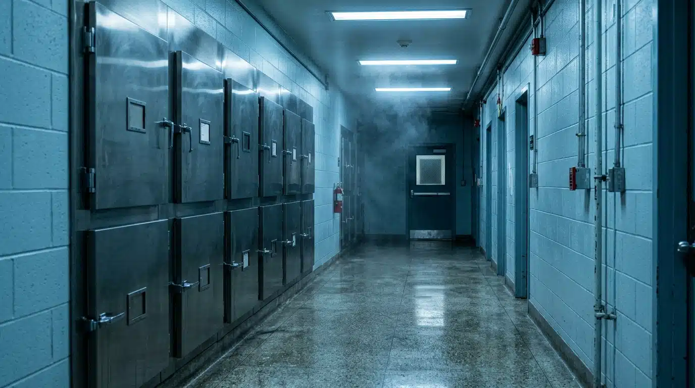 Couloir sombre d'une morgue d'hôpital la nuit