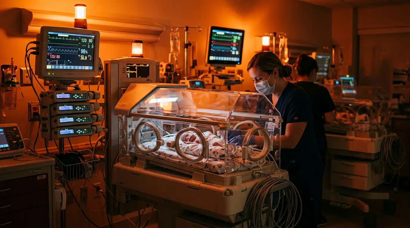Incubateur néonatal dans une salle d'hôpital éclairée
