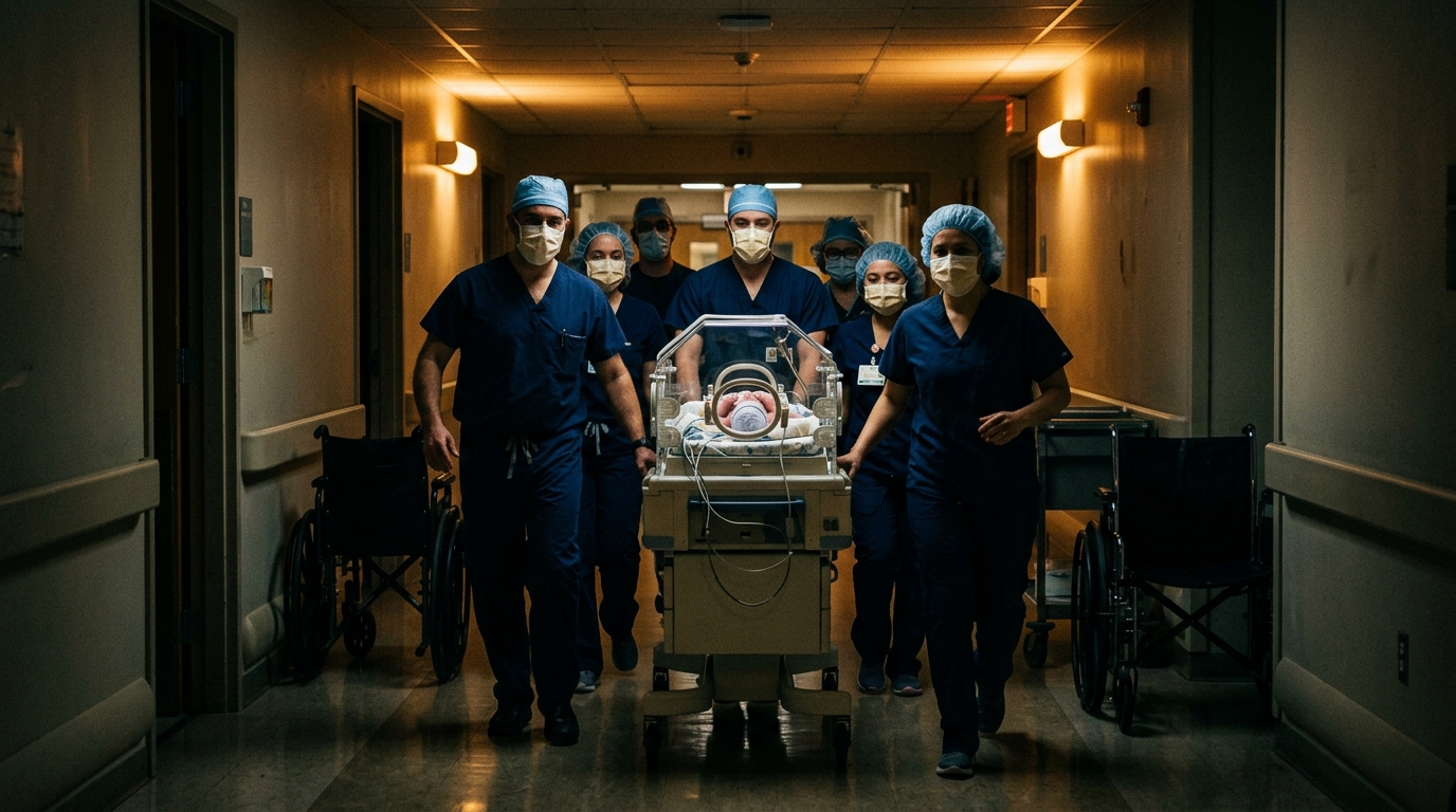 Équipe médicale transportant en urgence un nouveau-né
