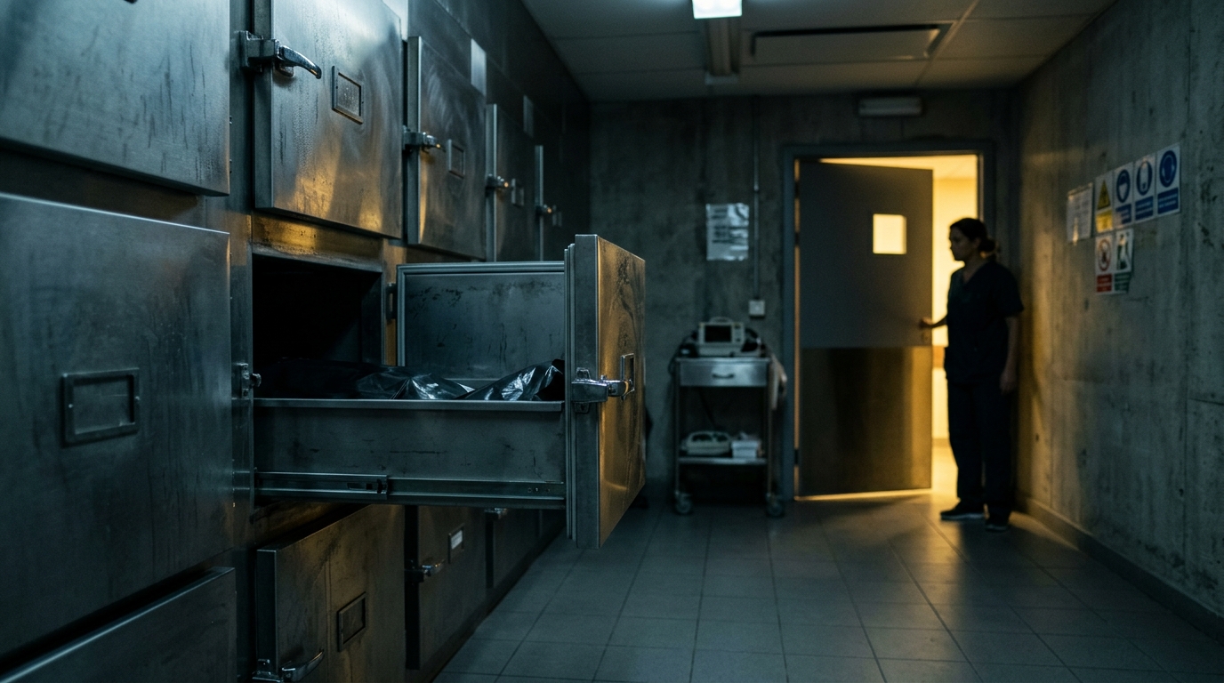 Tiroir de morgue entrouvert dans une pièce sombre