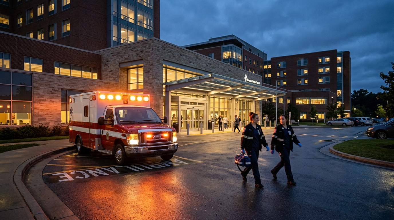 Façade d'un hôpital américain la nuit avec ambulance
