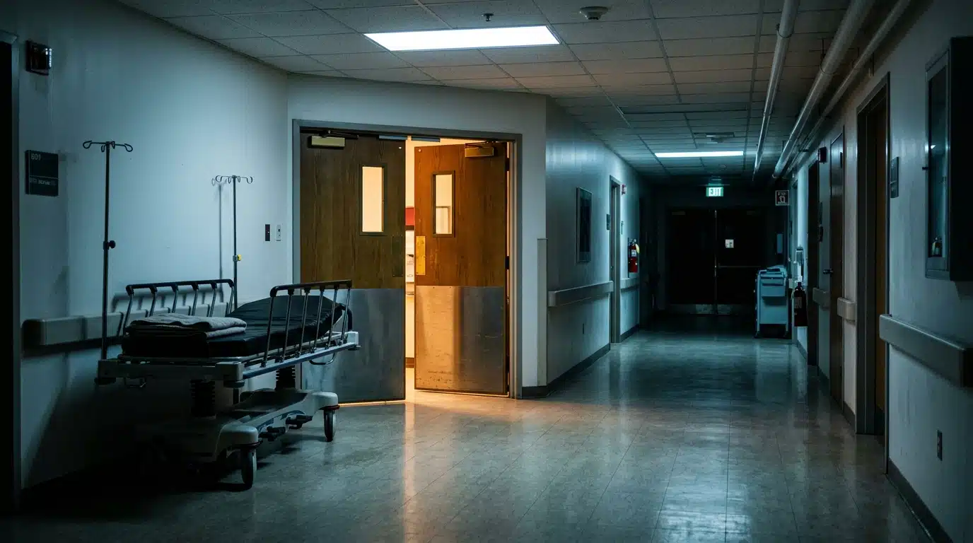 Couloir d'hôpital de nuit avec brancard vide