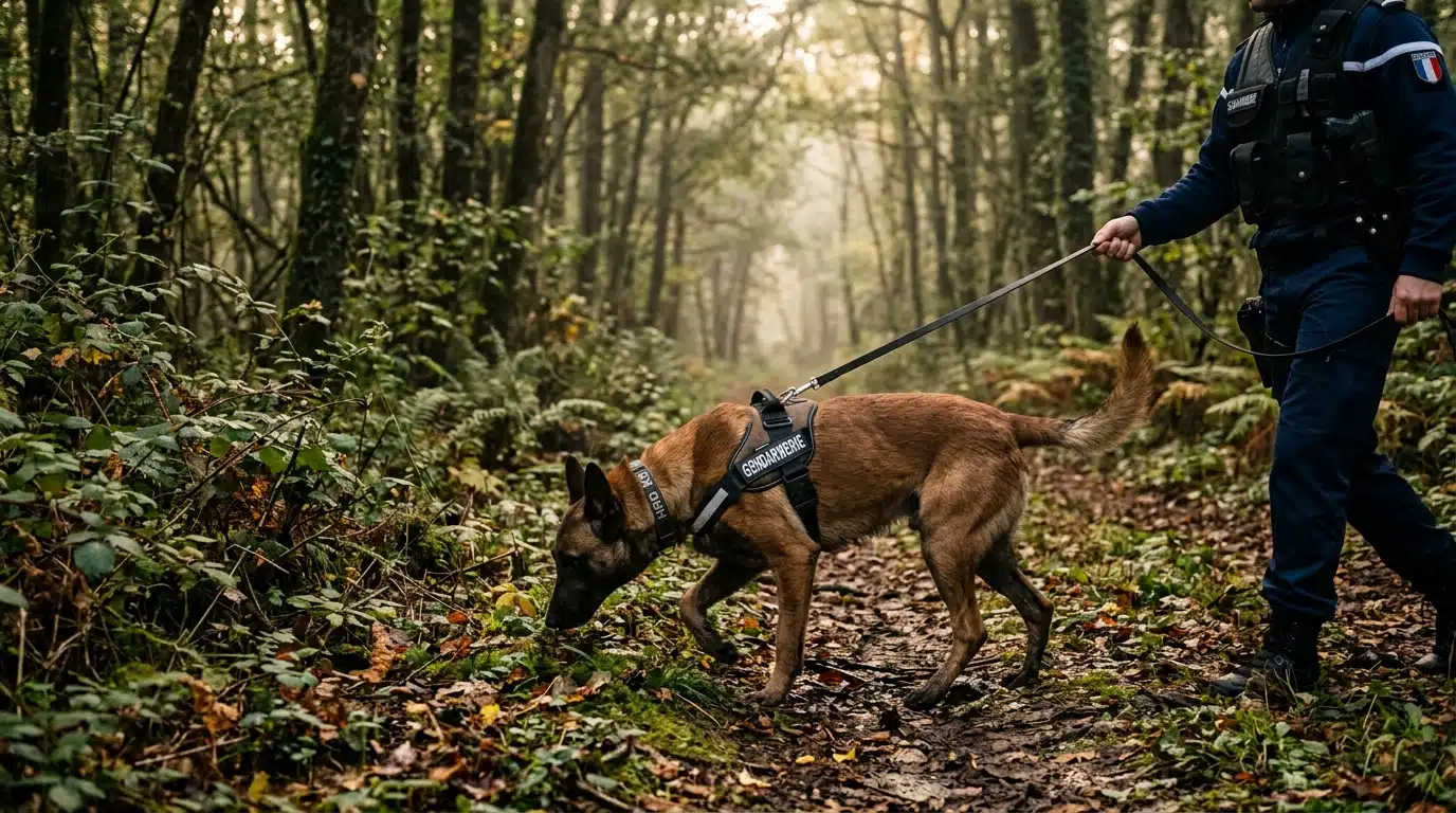 Chien de gendarmerie en recherche dans une forêt