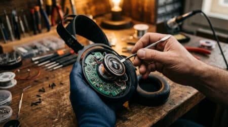 Démontage d'un casque audio premium montrant ses composants internes