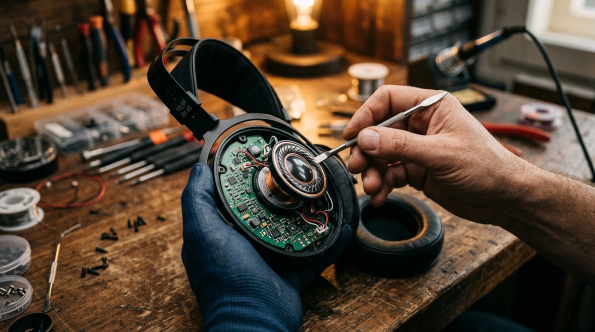 Démontage d'un casque audio premium montrant ses composants internes