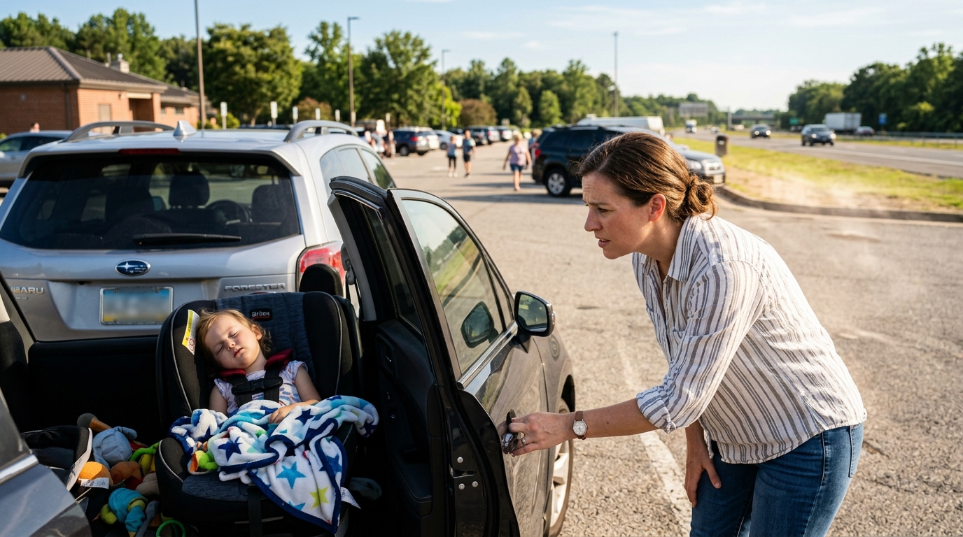 Mère vérifiant son enfant en pleine chaleur sur une aire