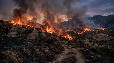 Incendie de forêt ravageant une colline en Italie