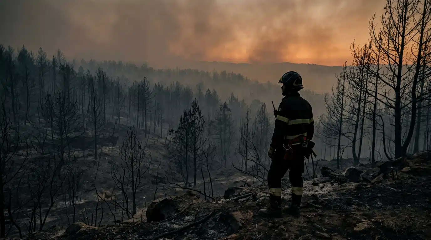 Forêt calcinée après le passage des flammes en Calabre