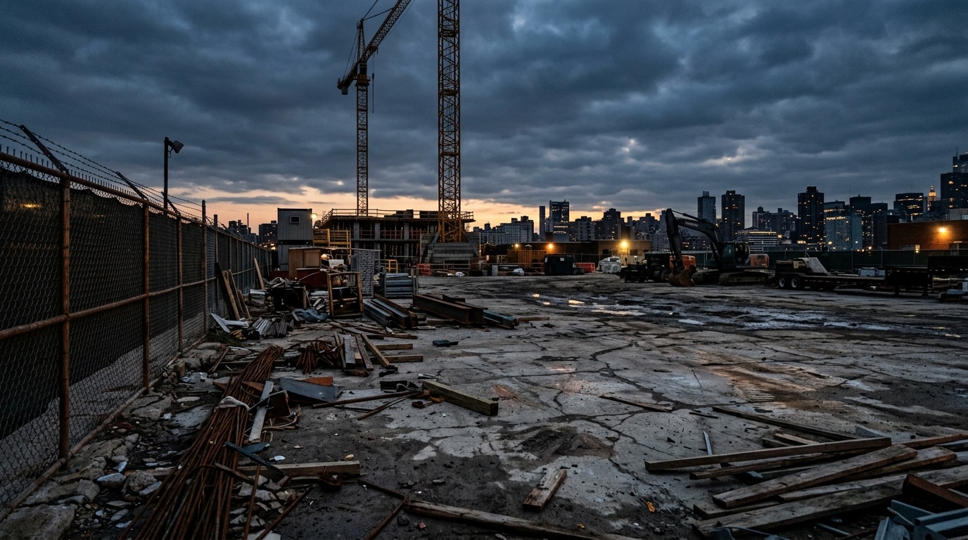 Chantier abandonné clôturé au crépuscule, sol en béton fissuré et ferrailles éparpillées