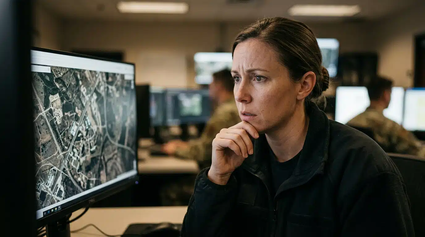 Analyste examinant des images satellites avec inquiétude