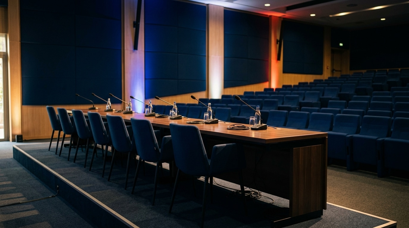 Salle de conférence de presse vide aux tons bleus