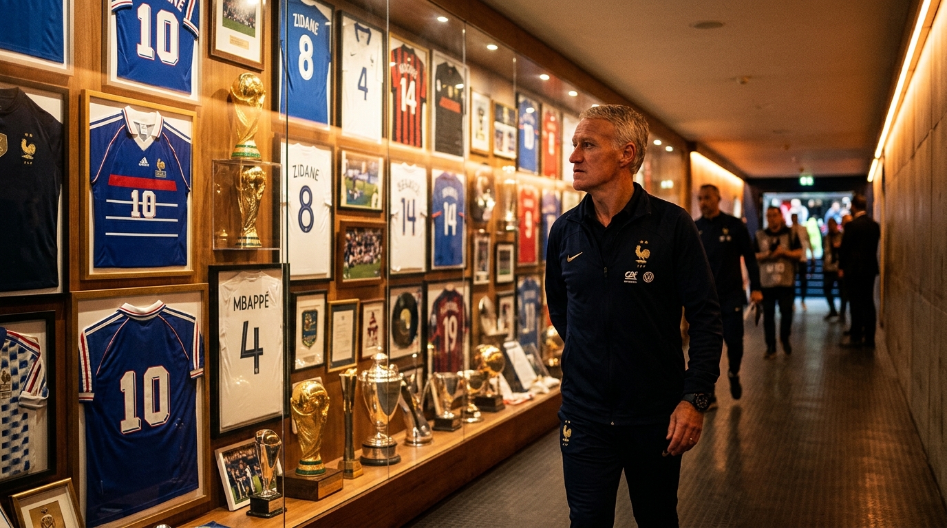 Zidane dans un tunnel de stade entouré de trophées
