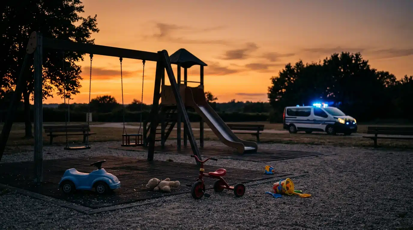 Aire de jeux vide avec véhicule de gendarmerie au loin
