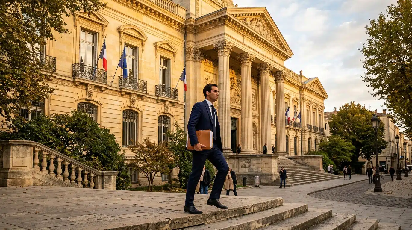 Façade d'un tribunal français avec avocat montant les marches