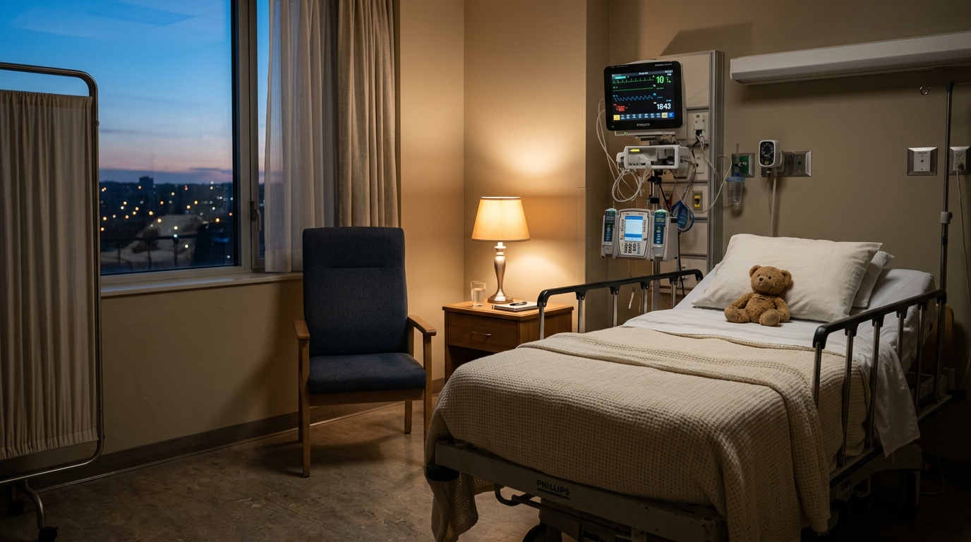 Chambre d'hôpital vide avec lit et moniteurs, illustrant la veille de Babeth au chevet de Patrick dans le coma