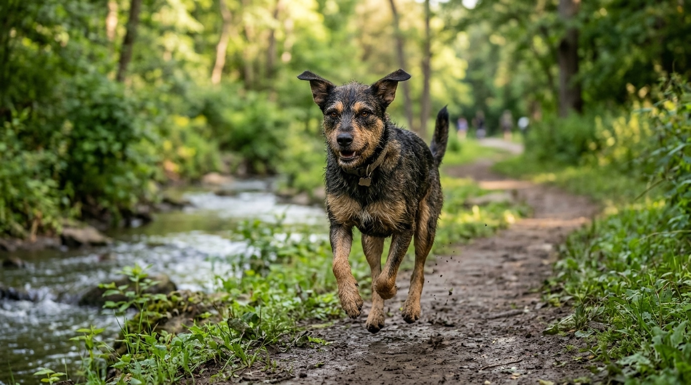 Chien courant à toute vitesse le long d'un parc