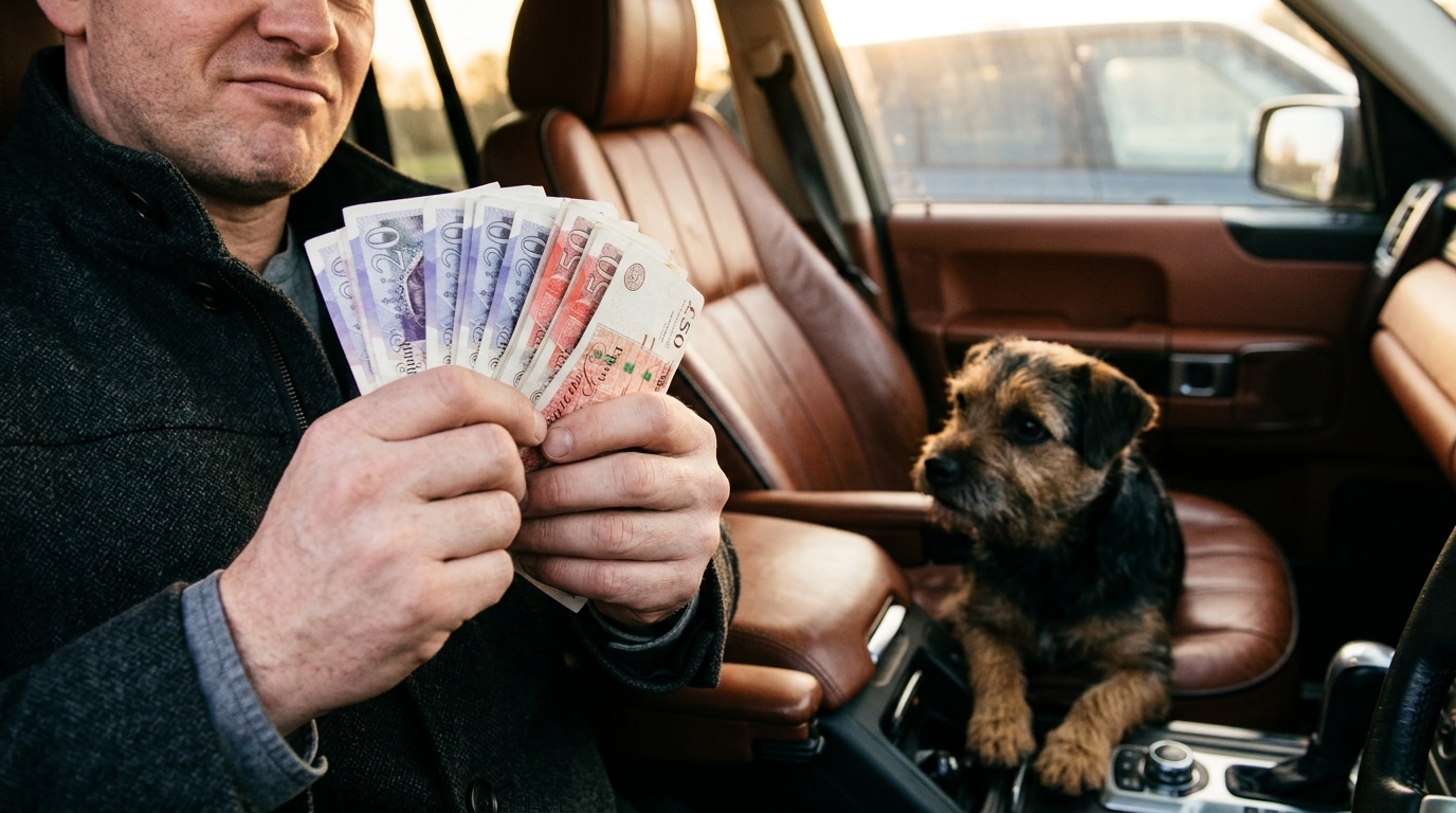 Liasse de billets tendue près d'un petit chien
