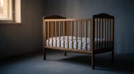 Lit de nourrisson vide aux draps froissés dans une pièce sombre