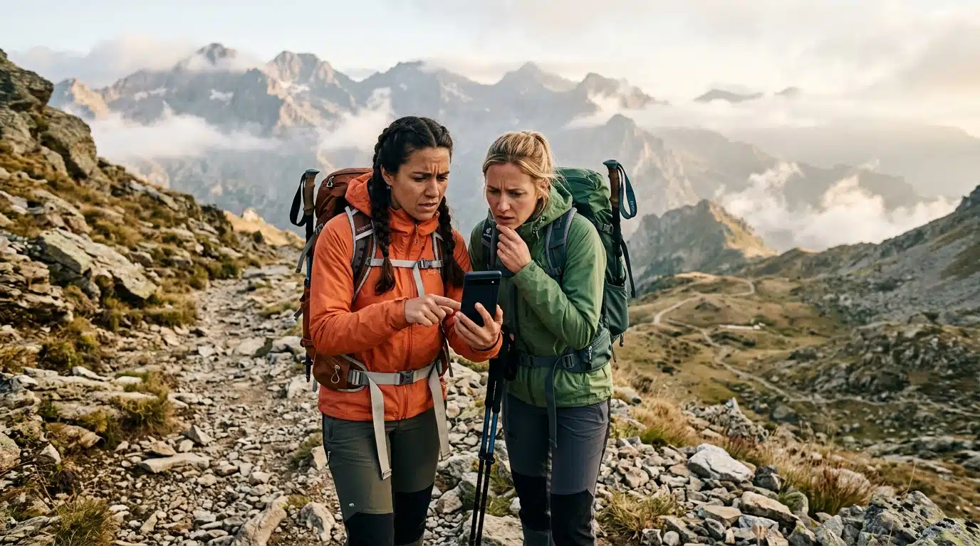Randonneuses perdues consultant leur smartphone en montagne