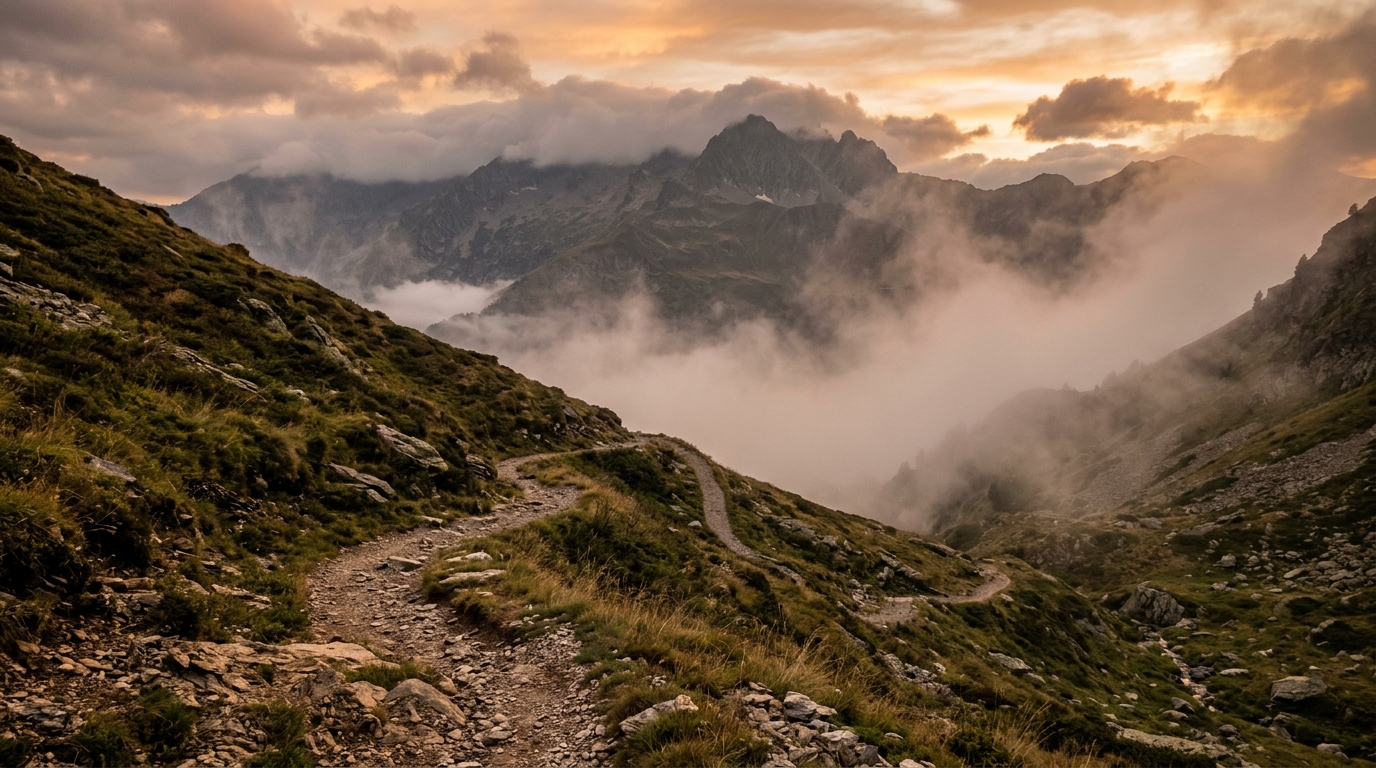 Sentier de randonnée disparaissant dans le brouillard à Cauterets